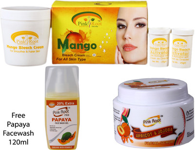 

Pink Root MANGO BLEACH CREAM , APRICOT JOJOBA SCRUB CREAM , PAPAYA FACEWASH(450 g)