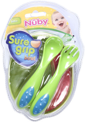 

Nuby Microwavable Bowl with Angled Spoon and Fork - Plastic, Silicon(Green)