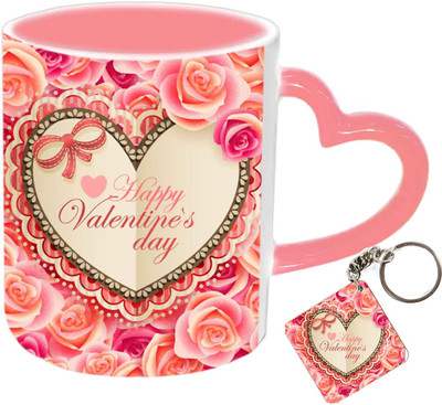 

Raj Laxmi roses frame keyring pink handle valentine Ceramic Mug(350 ml)