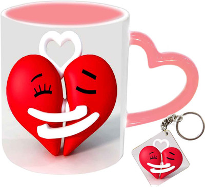 

Raj Laxmi hugging hearts keyring pink handle valentine Ceramic Mug(350 ml)