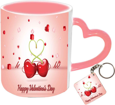 Raj Laxmi love hearts keyring pink handle valentine Ceramic Mug(350 ml)