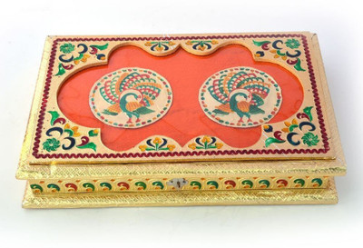 

Shree Sai Handicraft Decorative Golden Meenakari Peacock Pair Design Dryfruit Box Wooden Decorative Platter(Gold)