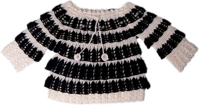 AV Embroidered Round Neck Girls Black, Beige Sweater