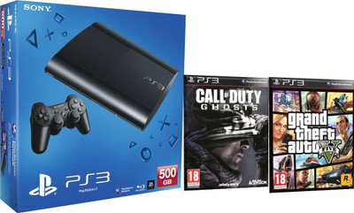

Sony PlayStation 3 (PS3) 500 GB with Call of Duty Ghosts, Grand Theft Auto V (Five)(Black)