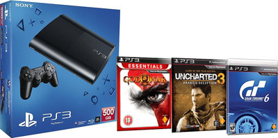 

Sony PlayStation 3 (PS3) 500 GB with God of War III, Uncharted 3 Drake's Deception, Gran Turismo 6(Black)