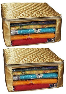 KUBER INDUSTRIES Designer Saree cover Set of 2 Pcs large size in golden satin Wedding Gift SC075 Golden KUBER INDUSTRIES Garment Covers