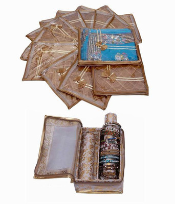 KUBER INDUSTRIES Designer Wedding Special Combo, 12 pcs of Satin Bow Saree Cover, 2 Rod Bangle Box in Brocade MKUCOM104 Golden KUBER INDUSTRIES Garmen