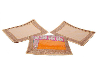 KUBER INDUSTRIES Designer Single Packing Saree Cover Set of 3 Pcs Designer Lace MKU006609 Golden KUBER INDUSTRIES Garment Covers