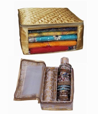 KUBER INDUSTRIES Designer Wedding Special Combo,1 Large Size Satin Saree Cover, 2 Rod Bangle Box MKUM110(Golden)