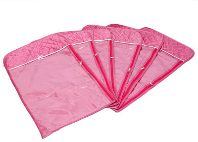 KUBER INDUSTRIES Designer Hanging Saree Cover In Quilted Satin 6 Pcs Set Pink MKU006698 Pink KUBER INDUSTRIES Garment Covers