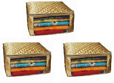 

Kuber Industries Designer Saree cover large size upto 15 Sarees in Golden Satin Set Of 3 Pcs/ Wedding Gift KUBES35(Gold)