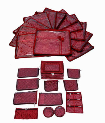 KUBER INDUSTRIES Designer Wedding Special Combo, 12 Pcs Of Satin Bow Saree Cover, Locker Jewellery Kit With 12 Pouches MKUCOM102 Maroon KUBER INDUSTRI