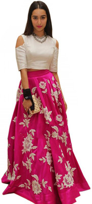 Maniya Creation Embroidered Semi Stitched Lehenga & Crop Top(White, Pink)