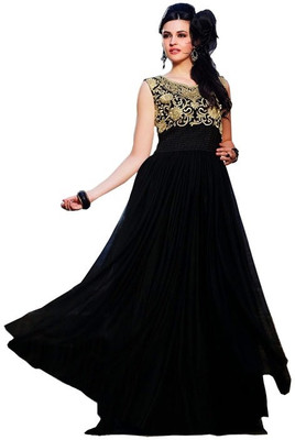 

V And V Shop Net Embroidered Semi-stitched Salwar Suit Material, Black