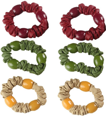AccessHer Plain Beaded Leather Rubber Band(Green, Red, Brown)