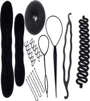 

SENECIO Topsy Tail Fishtail Braider Nylon Donut Foam Sponge Plastic Bun Maker With Spiral & U Pins Super Saver Combo Hair Accessory Set(Black)
