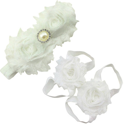 

AkinosKIDS Newborn Flower and Pearl girl Barefoot Sandal shoe set Hair Accessory Set(White)