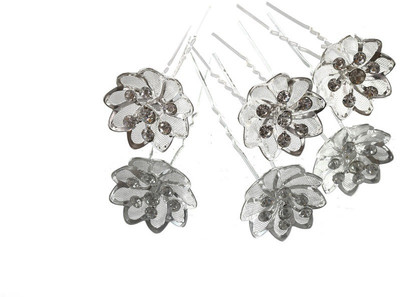 

One Personal Care Rich and Royale Diamond Studded Silver Plated Flowery Juda U Fashioner Hair Pin, Hair Accessory Set, Back Pin(Silver)
