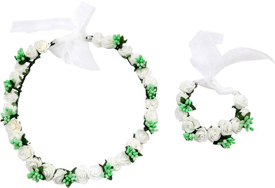 

Sanjog Pretty Girl Flower Crown And Hand Tiara/Puff Wrap For Wedding Prom Beach Head Band(White, Green)