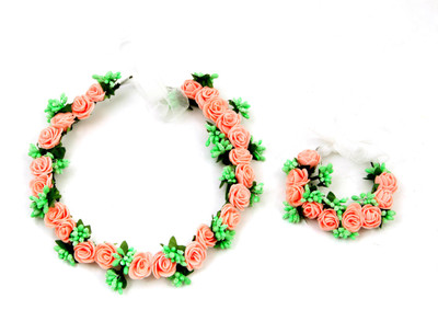 

Sanjog Glorious Peach Flower Crown And Hand Tiara/Puff Wrap For Wedding Prom Beach Head Band(Pink, Green)