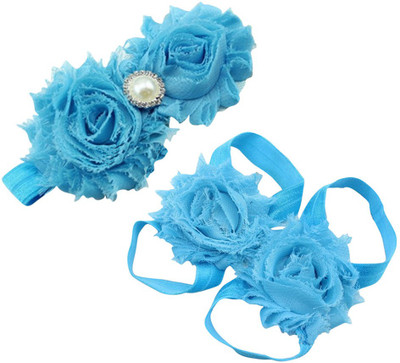 

AkinosKIDS Newborn Flower and Pearl girl Barefoot Sandal shoe set Hair Accessory Set(Blue)