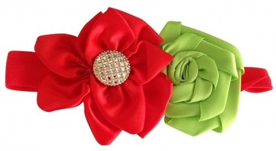 

NeedyBee Newborn Satin Flower Stitched on Head Band(Red and Green)