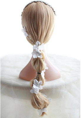 

SENECIO 'S Bridal Wedding Silver Plated Wire Hand-Twisted Simulated Pearls Beaded Fabric Flower Head Band, Braid Extension(White)
