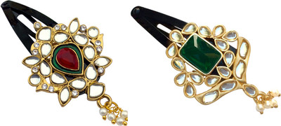 

B-Fashionable Combo of Kundan Snap Tic Tac Clip(Red, Green)