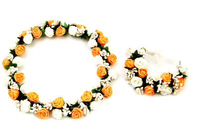 

Sanjog Splendid Peach Flower Crown And Hand Tiara/Puff Wrap For Wedding Prom Beach Head Band(Pink, White)
