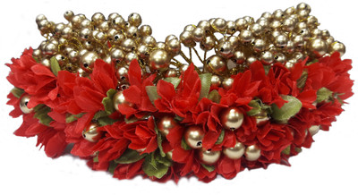 Kabello Gajra With Golden Beeds Hair Band(Red)