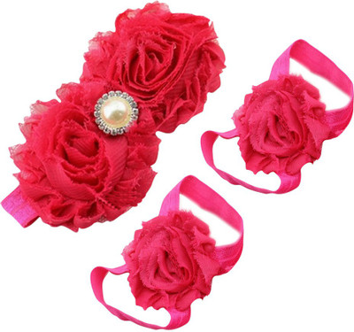 

AkinosKIDS Newborn Flower and Pearl girl Barefoot Sandal shoe set Hair Accessory Set(Pink)