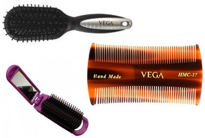 

VEGA Folding Hair Brush with Mirror & Cushioned Brush & Lice Comb