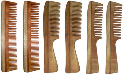 Ginni Marketing Combo of 6 Neem Wood Combs (regular + regular and detangler handle)
