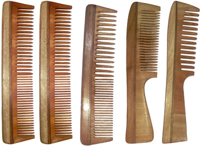 

Ginni Marketing Combo of 5 Neem Wood Combs (regular + regular and detangler handle)(7.5 Inches )