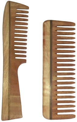 

Ginni Marketing Combo of 2 Neem Wood Combs (detangler handle + Medium detangler)
