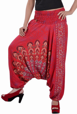 Indi Bargain Floral Print Cotton Viscose Blend Women Harem Pants, Red
