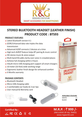 

R&G BTS-93-White Wired, Bluetooth Headset with Mic(White, Over the Ear)