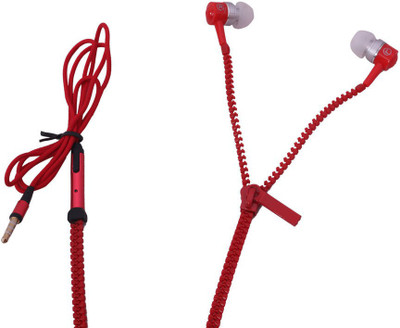 Roiex Premium Design Clear Dynamic Sound Zipper Wired Headset with Mic(Red, In the Ear)