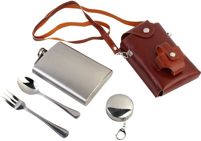 

7Trees Shoulder Strap Stainless Steel Hip Flask Travel Set in Leather Pouch - 9 oz (266 ml) Hip Flask(266 ml)