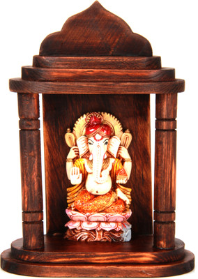 

The Nodding Head Ganesha Inside Carved Wooden Temple Decorative Showpiece - 16.5 cm(Polyresin, Multicolor)