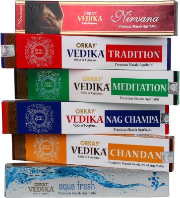 

Vedika Vedika 6-in-1 set 40 GM Incense 6-in-1 pack (6 pack of 40gm each Natural Agarbatti) Fragrance: Nirvana, Nag Champa, Chandan, Meditation,Tradition and Aqua Fresh Agarbattis(40)