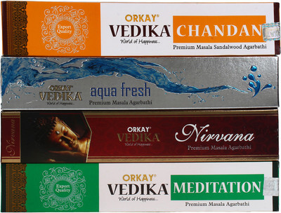 

Vedika Vedika 4-in-1 set - new Incense 4-in-1 pack (4 pack of 15gm each Natural Agarbatti) Fragrance: Nirvana, Chandan, Meditation and Aqua Fresh Agarbattis(15)
