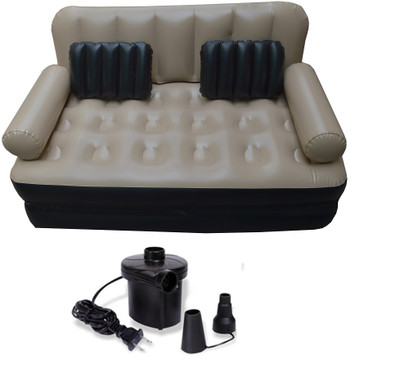 

IBS Airsofa cum Bed 5 In 1 Non Velvet PVC Air Multipurpose Doublebed Booster Kids Sleeping Mattress Travel Lounge Seat Carbed with Electric Pump 2 black cushions PP 3 Seater Inflatable Sofa(Color - camel), Beige