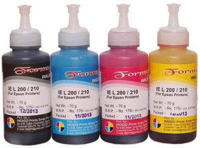 

Formujet Refill Ink For Epson L100 / L110 / L130 / L200 / L210 / L220 / L300 / L310 / L350 / L355 / L365 / L 455 / L550 / L555 / L565 / L1300 Printers - Cyan, Magenta, Yellow & Black - 70 ML Each Bottle Multi Color Ink(Black, Cyan, Magenta, Yellow)