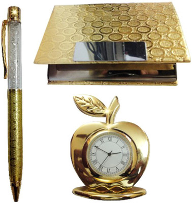 

Ar enterprises Gold Plated Analog Clock with Crystal Pen and Visiting Card Holder Combo Set