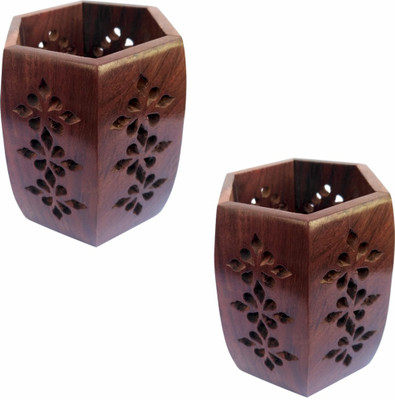 

TimberKart 1 Compartments Sheesham Wood, JALI WORK Handicraft PEN STAND HOLDER (Set Of 2)(Brown)