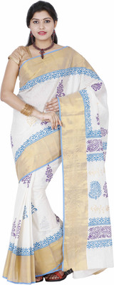 Fashionkiosks Printed Mundum Neriyathum Cotton Blend Saree(White)