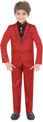 

Jeet Coat Suit Set with Shirt Self Design Boys Suit, Red