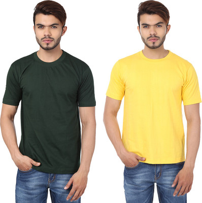 weardo Solid Men Round Neck Green, Yellow T-Shirt