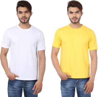 weardo Solid Men Round Neck White, Yellow T-Shirt